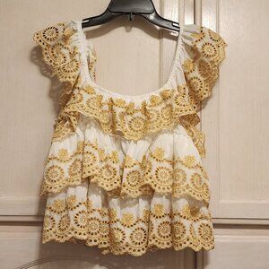 NWT | Liv Los Angeles | White Cotton Eyelet Embroidered With Gold Thread |